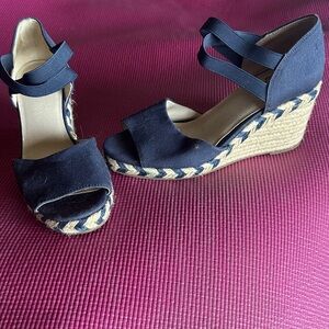 Life Stride Navy Espadrille Wedge Sandals with Braided Trim.  3” heel